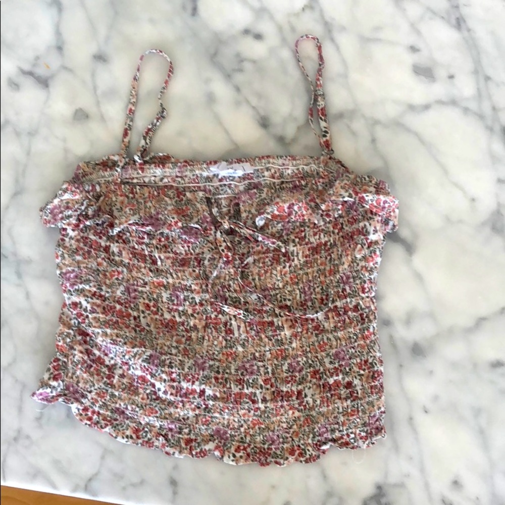 Tilly's Floral Smocked Spaghetti Strap Tank Top in Pink and White